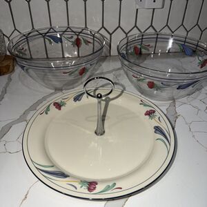 Lenox "Poppies on Blue” 9” Glass Serving Bowl Set &  Serving Tray 3 pc set